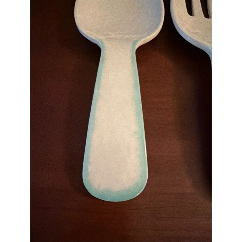 Laurie Gates Salad Server Tray Set Spoon & Fork White Teal Trim 10.5